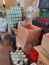 Canned food humanitarian aid for Ukraine in warehouse