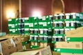 Canned food humanitarian aid for Ukraine in warehouse