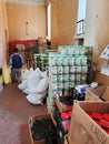 Canned food humanitarian aid for Ukraine in warehouse