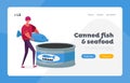 Canned Food Landing Page Template. Tiny Male Character on Canning Factory Put Huge Sardine in Tinned Container