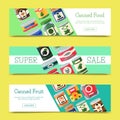 Canned food sale banner vector illustration. Vegetable product tinned container metal packaging. Soup conserve package