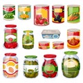 Canned food set isolated on white background. Food in tins, cartoon icons and design elements. Vector illustrations Royalty Free Stock Photo