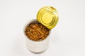 Canned food on white background. Lentils