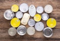 Canned food on wooden background Royalty Free Stock Photo