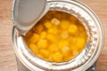 Canned freshly opened corn grain closeup in a can and juice