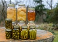 Canned fruit and vegetables in glass jars