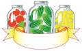 Canned fruits and vegetables in glass jars.
