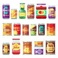 Canned goods vector set. Tinned food, conservation tomato soup and vegetables