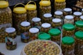 Canned green olives lined up