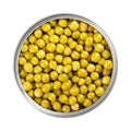 Canned green peas, in an open can, small spherical seeds of Pisum sativum Royalty Free Stock Photo