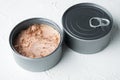Canned italian tuna, in tin can, on white background Royalty Free Stock Photo