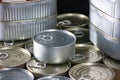 Many canned tuna products with a silver tuna can on top and sardine cans on the sides Royalty Free Stock Photo