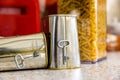 Canned meat food cans on kitchen worktop Royalty Free Stock Photo