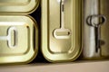 Canned meat food cans stored on kitchen shelf Royalty Free Stock Photo