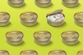 Canned money pattern with open tin can Royalty Free Stock Photo