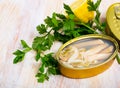 Canned natural mollusks Solen with parsley and lemon Royalty Free Stock Photo