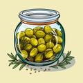 Canned olives in glass jar. Illustration outline food product in retro sketch style, vector