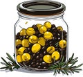 Canned olives in glass jar. Illustration outline food product in retro sketch style, vector