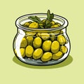 Canned olives in glass jar. Illustration outline food product in retro sketch style, vector