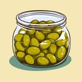 Canned olives in glass jar. Illustration outline food product in retro sketch style, vector