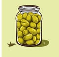 Canned olives in glass jar. Illustration outline food product in retro sketch style, vector