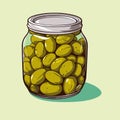 Canned olives in glass jar. Illustration outline food product in retro sketch style, vector