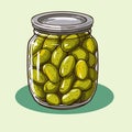 Canned olives in glass jar. Illustration outline food product in retro sketch style, vector