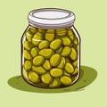 Canned olives in glass jar. Illustration outline food product in retro sketch style, vector