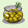 Canned olives in glass jar. Illustration outline food product in retro sketch style, vector