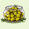 Canned olives in glass jar. Illustration outline food product in retro sketch style, vector