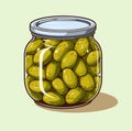 Canned olives in glass jar. Illustration outline food product in retro sketch style, vector