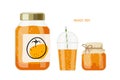Canned orange fruit. Compote or jam or marmalade in jars, drink in glass, label. Canned fruit. Fruit conservation vector
