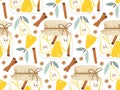 Canned pear background. Seamless pattern with Pickled pears in glass jars. Fruit harvesting. Repeated background for