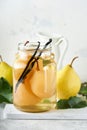 Canned pear compote with vanillin. Pear compote. Homemade delicious canned pear compote in glass jars at home on a light