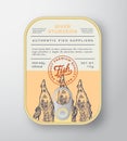 Canned River Fish Abstract Vector Aluminium Container Packaging Design or Label. Modern Typography Banner, Hand Drawn