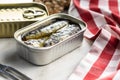 Canned sardines. Sea fish in tin can Royalty Free Stock Photo