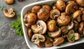 Canned sliced button mushrooms in a white ceramic bowl isolated on white.Generative AI Royalty Free Stock Photo