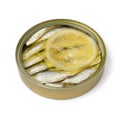 Canned smoked European sprat in oil with a slice of lemon on white background