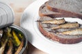 Canned sprats on rye bread served with herb baked potatoes Royalty Free Stock Photo