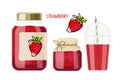 Canned strawberries. Compote and jam in jars, drink in glass, Strawberry sketch for label. Canned fruit. Fruit