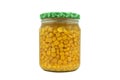 Canned sweet corn in glass can isolated on white background. Pickled corn in jar. Steamed sweet corn seed