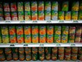 Canned tinned fruit section in gourmet supermarket Royalty Free Stock Photo