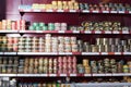 Canned and tinned products in Russian food store