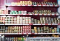 Canned and tinned products in Russian food store