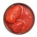 Canned tomato. Brown bowl with peeled tomatoes in their own juice. Isolated on white. Top view