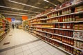 Canned tomatoes on the shelves of a supermarket