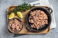 Canned tuna fillet meat ready for cooking. Gray background. Top view