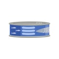 Canned tuna fish or sprat fish in metal container with blue sticker. Tinned goods. Isolated flat vector design for flyer