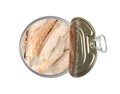 Canned Tuna Isolated, Albacore Fish Chunks in Open Tin Can, Tuna Oil Preserve, Seafood Conserve Royalty Free Stock Photo