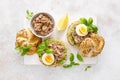 Canned tuna open sandwiches. Buns burgers with canned tuna, boiled egg and avocado Royalty Free Stock Photo